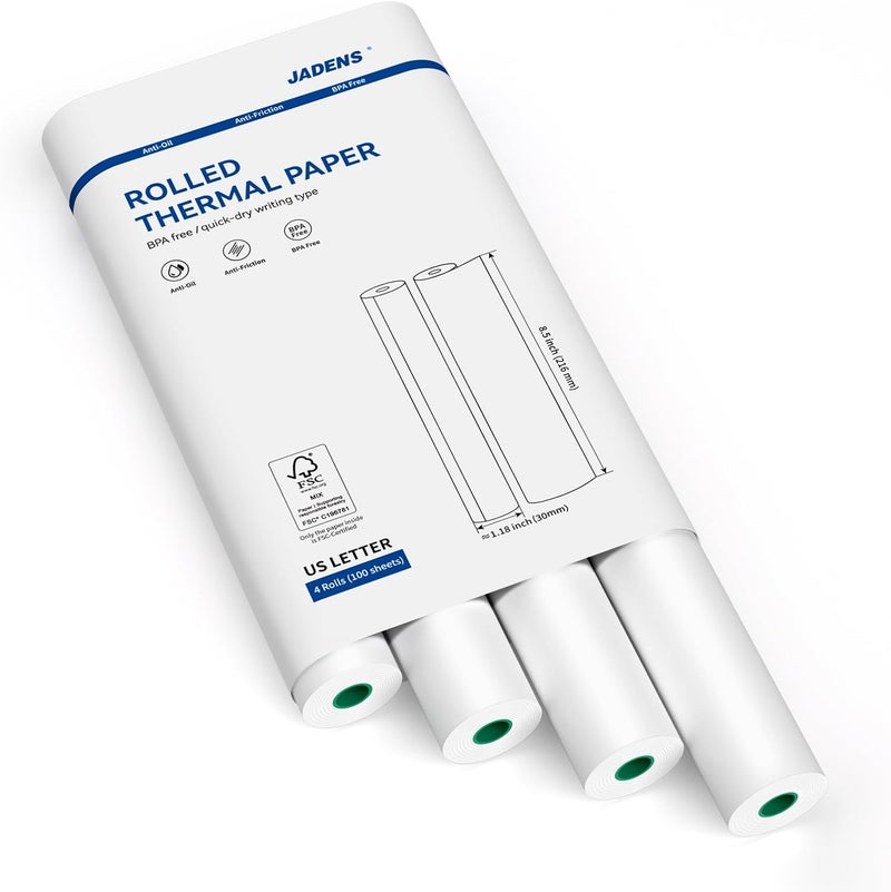 JADENS US Letter Size Quick-Dry Thermal Printer Paper 8.5''x11'', 4 Rolls, Compatible with Gloryang & PD-A4 Portable Printer - Image 1